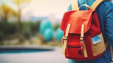 Back view of traveler wearing red vintage backpack in blurred background. traveler concept . - obrazy, fototapety, plakaty