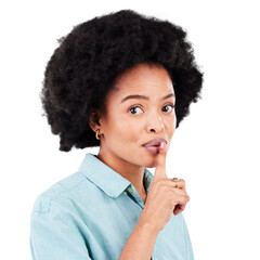 Portrait, secret and black woman with finger on lips for whisper on isolated, transparent and png background. Confidential, gossip and face of African female with hush news, emoji and promo privacy