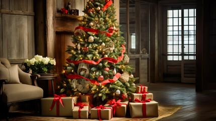 Fototapeta na wymiar Cozy Christmas Home: Festive Fireplace and Illuminated Tree generated by AI