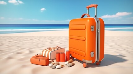 Orange suitcase with beach accessories on sand, sea and  blue sky background. summer travel concept. 