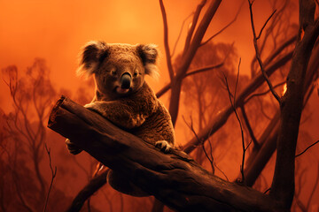 Koala in bush fire devastation forest burning