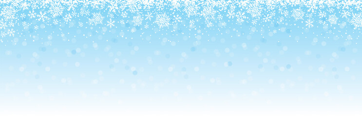 Fototapeta na wymiar Blue Christmas banner with snowflakes and stars. Merry Christmas and Happy New Year greeting banner. Horizontal new year background, headers, posters, cards, website. Vector illustration