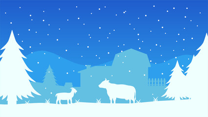 Cold season countryside landscape vector illustration. Farm silhouette landscape with livestock in winter season. Rural agriculture silhouette for background, wallpaper or landing page