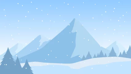 Fotobehang Snow mountain landscape vector illustration. Silhouette of snow covered mountain in winter season. Winter mountain landscape for background, wallpaper or landing page © Moleng