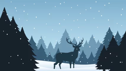 Schilderijen op glas Wildlife in winter landscape vector illustration. Silhouette of reindeer at pine forest in cold season. Winter wildlife landscape for background, wallpaper or landing page © Moleng