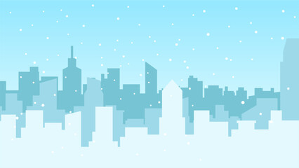 Cold season city landscape vector illustration. Urban silhouette of skyline building in winter season with snowfall. Winter cityscape landscape for background, wallpaper or landing page