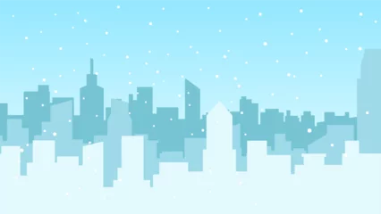 Fotobehang Cold season city landscape vector illustration. Urban silhouette of skyline building in winter season with snowfall. Winter cityscape landscape for background, wallpaper or landing page © Moleng