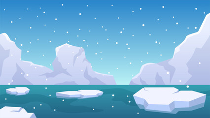 Antarctica iceberg landscape vector illustration. Sea ice landscape with glacier shard and snowfall. Arctic ice land landscape for background, wallpaper or landing page © Moleng24