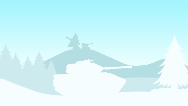 Military tank in snow hill landscape vector illustration. Silhouette of military tank at pine forest in cold season. Winter military landscape for background, wallpaper or landing page