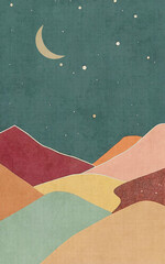Artistic illustration of geometric mountain and moon composition, modern minimalist painting