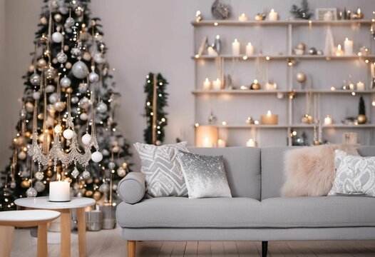 A Living Room With Christmas Decorations And A Grey Sofa Next To A Decorated Christmas Tree