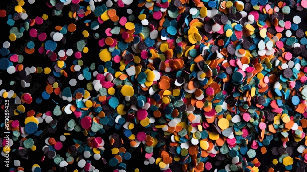 Poster a large group of multicolored confetti on a black background. generative ai