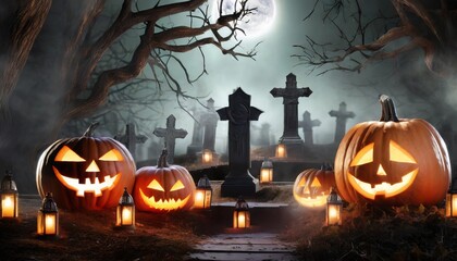 halloween background with pumpkin and bats - obrazy, fototapety, plakaty