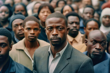 Angry black man with serious gaze looking in a camera and standing in group of people