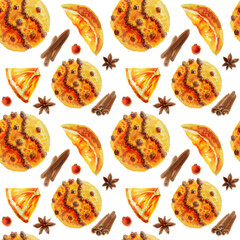Christmas seamless pattern with decorated oranges, orange slices and culinary spices is a template for a festive background dedicated. Hand-drawn watercolor illustration