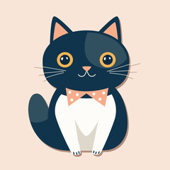 Cute black cat with bow tie. Vector illustration in flat style