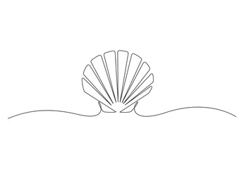  Continuous single line drawing of beauty scallop for Chinese restaurant logo identity. Seashell mascot concept. Vector illustration. Pro vector.  - obrazy, fototapety, plakaty