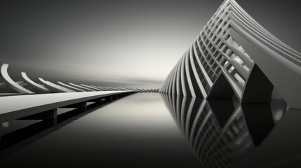 A monochrome skyscraper pierces through the fog, its reflective exterior mirroring the tranquil waters below as visitors traverse the long walkway towards the enigmatic building