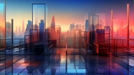 An ethereal glass room, perched atop a skyscraper, reflecting the vibrant hues of the sunrise and sunset over the ever-changing cityscape below