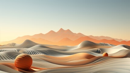As sun rises over majestic sahara desert, sky transforms into canvas of vibrant colors, casting golden glow upon endless dunes and lone ball rolling freely through wild and untamed landscape