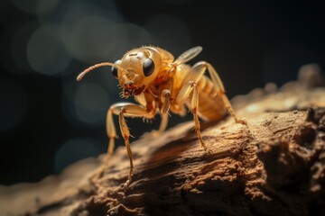 The termite on the ground is searching for food to feed the larvae in the cavity. Selective focus...