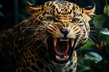 Portrait of a beautiful roaring leopard, wild animal look