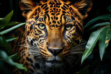 Portrait of a beautiful leopard among green foliage, wild animal look - obrazy, fototapety, plakaty
