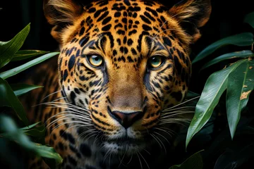 Poster Portrait of a beautiful leopard among green foliage, wild animal look © Goffkein