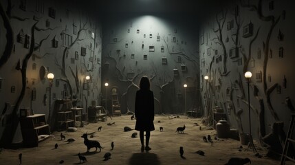 A lone woman stands in a dimly lit room surrounded by a menagerie of creatures, their silhouettes casting shadows against the winter night outside