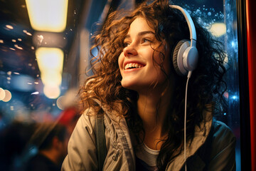 Portrait of a beautiful cheerful joyful smiling brunette woman in headphones in public transport