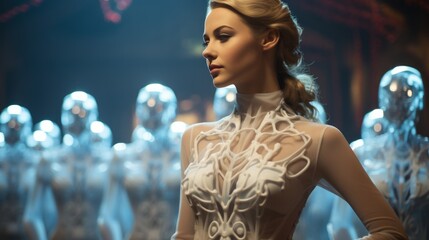 A fashion-forward woman gracefully models a flowing white dress, her radiant presence outshining even the perfectly posed mannequin in the background