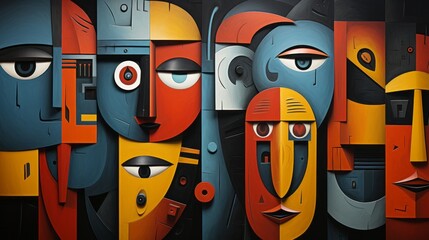 An explosion of vibrant expressions and bold strokes, this eclectic art piece showcases a lively group of cartoon faces in a dynamic blend of painting, drawing, and graffiti
