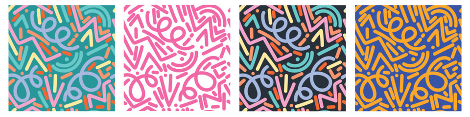 Set with four fun colorful line doodle seamless pattern. Hand drawing of brushes, zigzags, lines and curves.