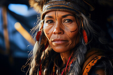 Portrait of adult indigenous woman from the Amazon wearing headdresses feathers looking at camera with serious gaze - obrazy, fototapety, plakaty