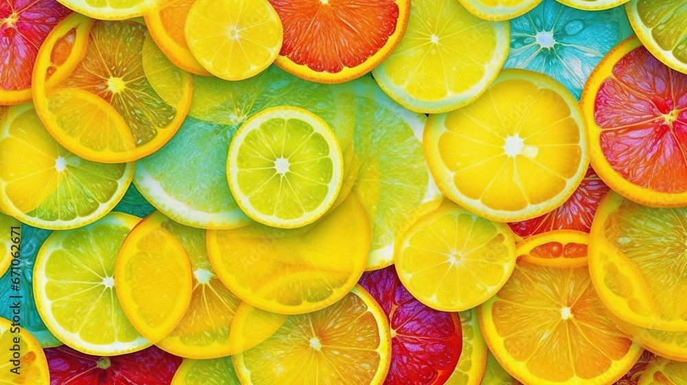 Poster a group of sliced up lemons and grapefruits. generative ai