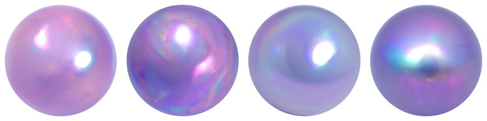 Lavender color pearls set on white background isolated. Polished iridescent texture sphere objects 3d.