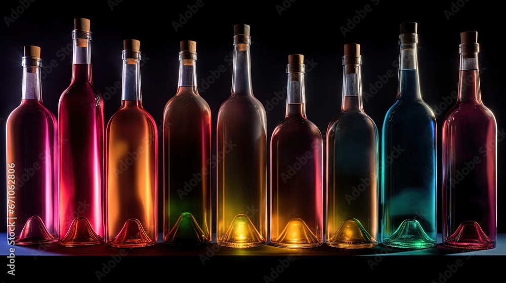 Aufkleber a group of wine bottles sitting next to each other on a table. generative ai