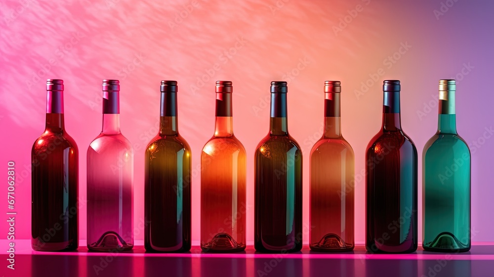Poster a row of wine bottles sitting on top of a table. generative ai