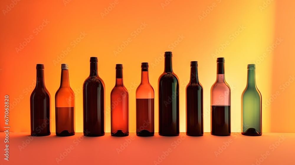 Poster a row of wine bottles sitting on top of a table. generative ai