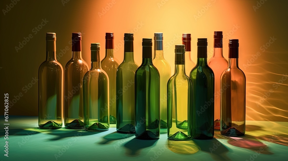 Aufkleber a row of wine bottles sitting on top of a table. generative ai