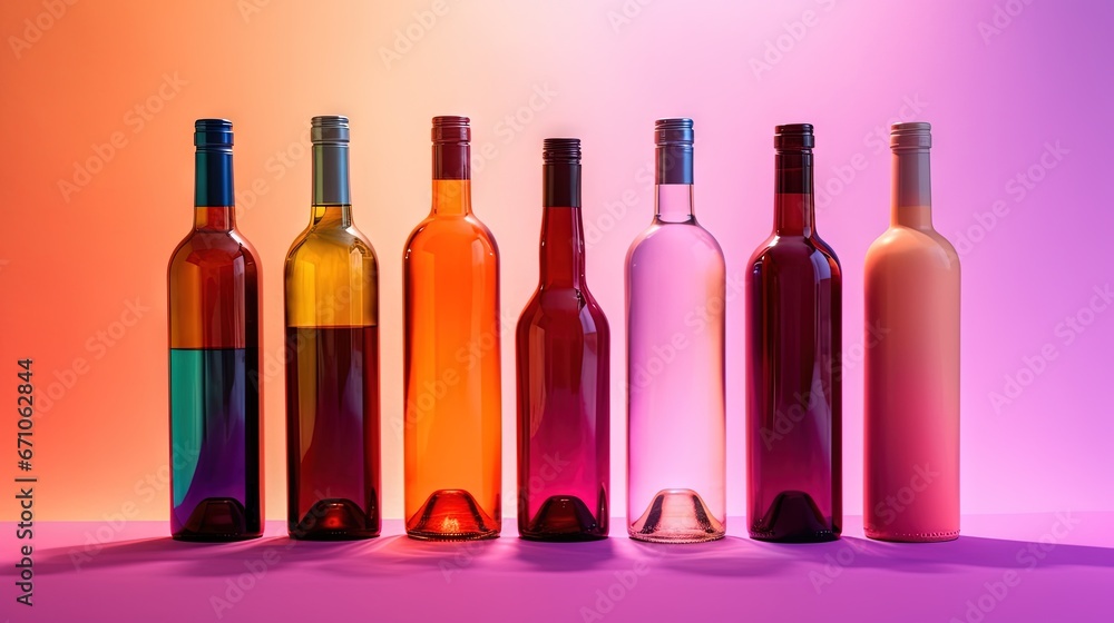 Poster a group of wine bottles sitting next to each other on a table. generative ai