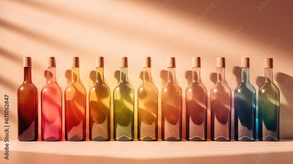 Poster a row of wine bottles sitting on top of a table. generative ai
