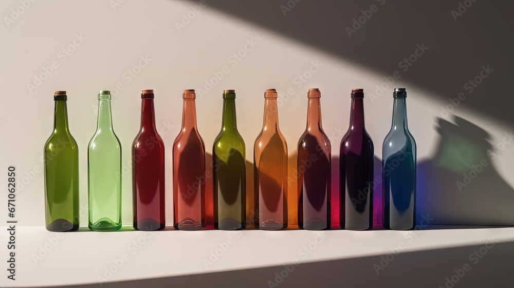 Poster a row of different colored wine bottles sitting on a shelf. generative ai