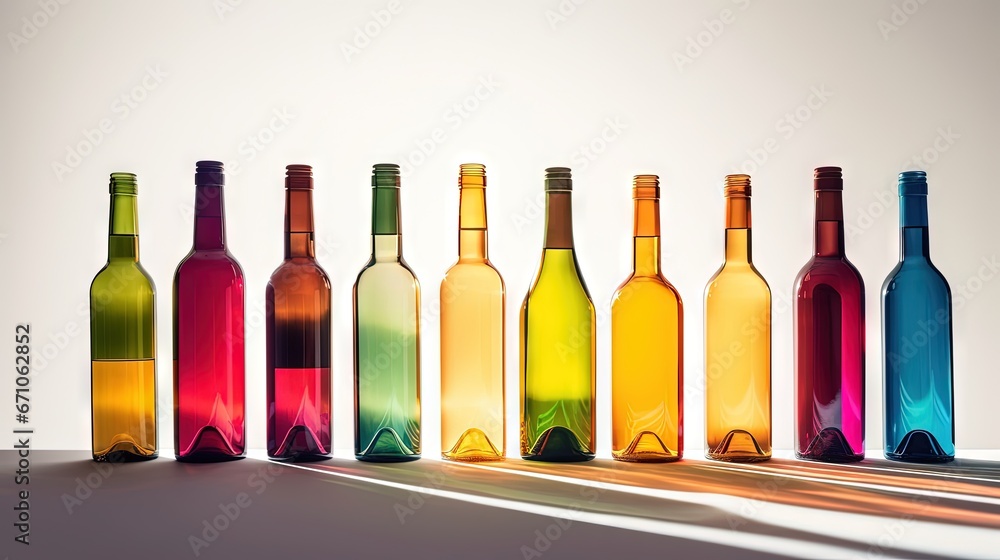 Poster a row of wine bottles sitting on top of a table. generative ai