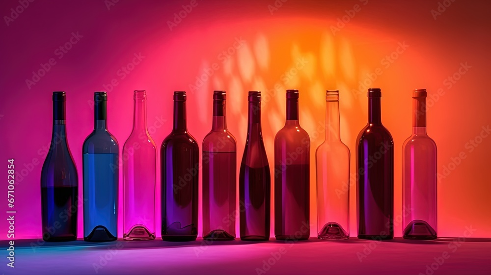 Poster a row of wine bottles sitting on top of a table. generative ai
