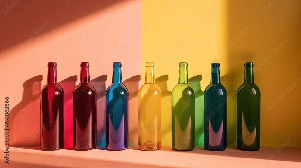 Aufkleber a row of wine bottles sitting next to each other on a table. generative ai