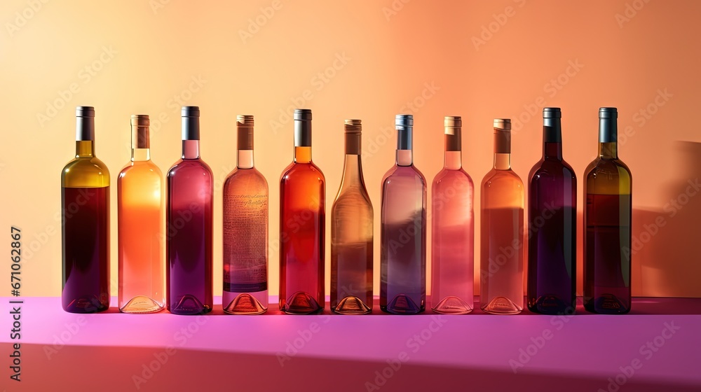 Poster a row of wine bottles sitting on top of a table. generative ai