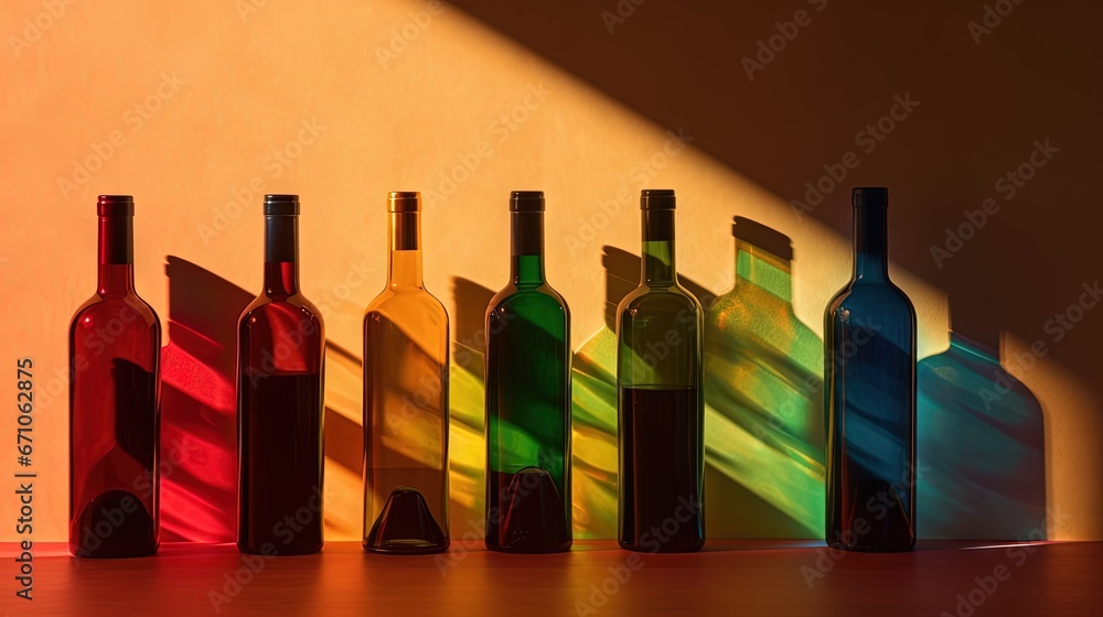 Poster a row of wine bottles sitting on top of a table. generative ai