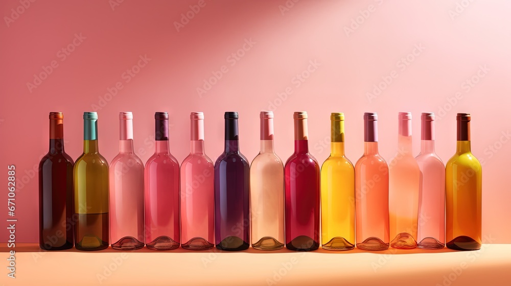 Poster a row of wine bottles sitting on top of a table. generative ai