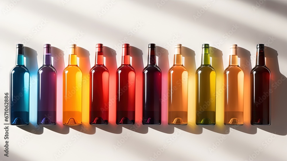Poster a row of wine bottles sitting on top of a table. generative ai